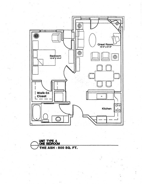 Floor plan for 1 bed, 1 bath, 800 sqft